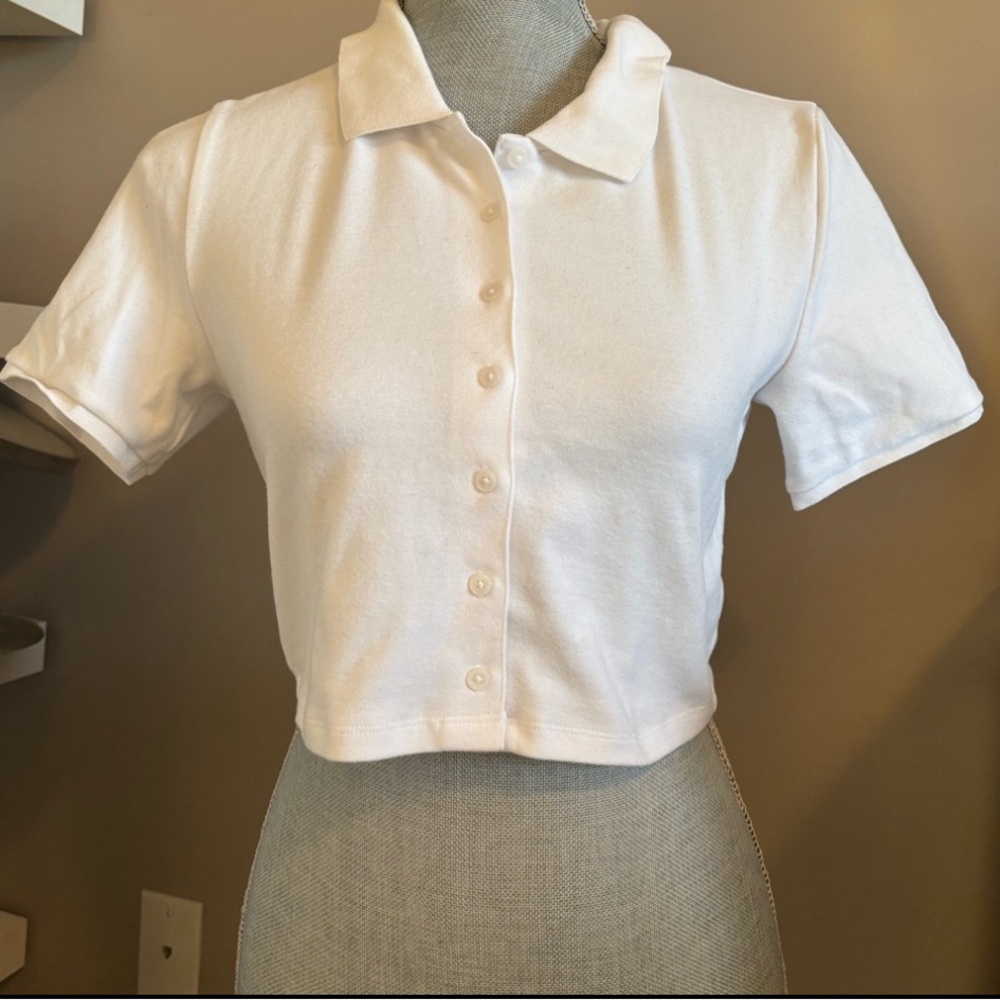 Babaton White Fitted Cropped Button Down Shirt